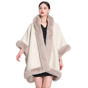 Women Winter Thick Warm Striped Poncho Cape Faux Fur Cardigan Cloak Loose Big Pendulum Batwing Sleeves Long Shawl Coat With Hat