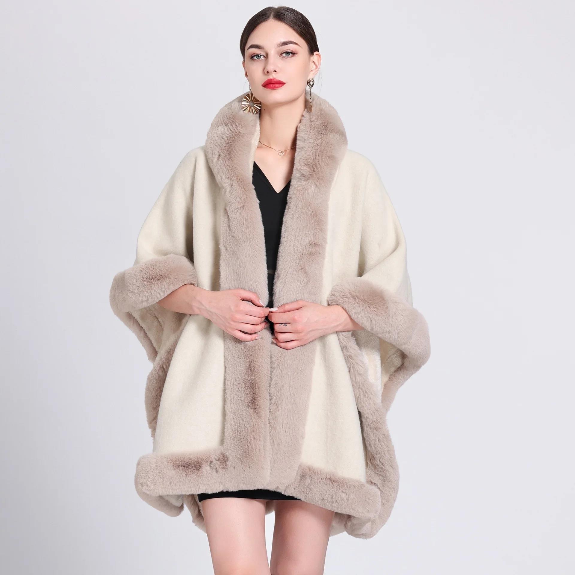 Women Winter Thick Warm Striped Poncho Cape Faux Fur Cardigan Cloak Loose Big Pendulum Batwing Sleeves Long Shawl Coat With Hat