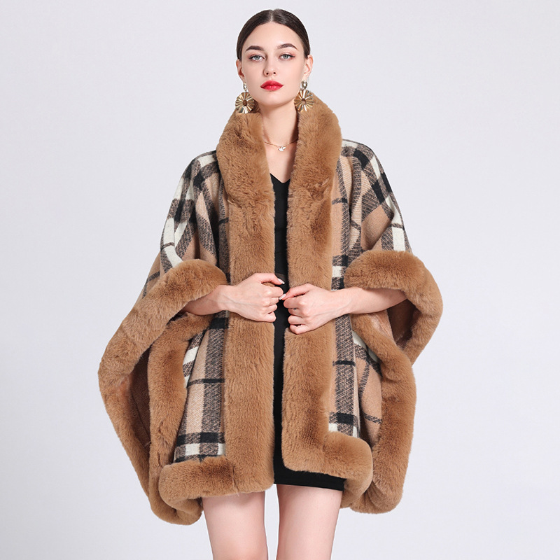 Women Winter Thick Warm Striped Poncho Cape Faux Fur Cardigan Cloak Loose Big Pendulum Batwing Sleeves Long Shawl Coat With Hat