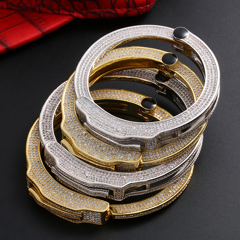 Handcuffs Cuff Bracelet Manchette Ice Out Punk Bracelets Bangles for Women Fashion Jewelry Hip Hop Jewelry Gold Plated Men's