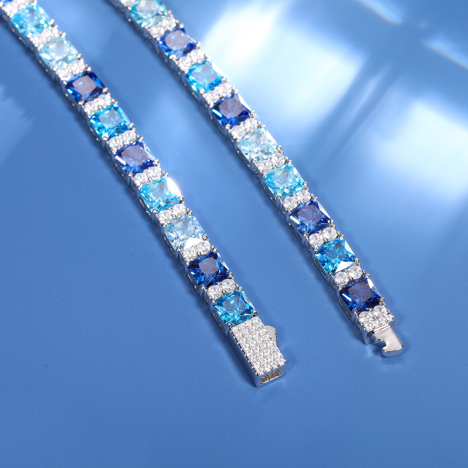 Fashion Gradient Color 6.5mm 925 Sterling Silver VVS Moissanite Diamond Blue Princess Cut CZ Cluster Tennis Bracelet