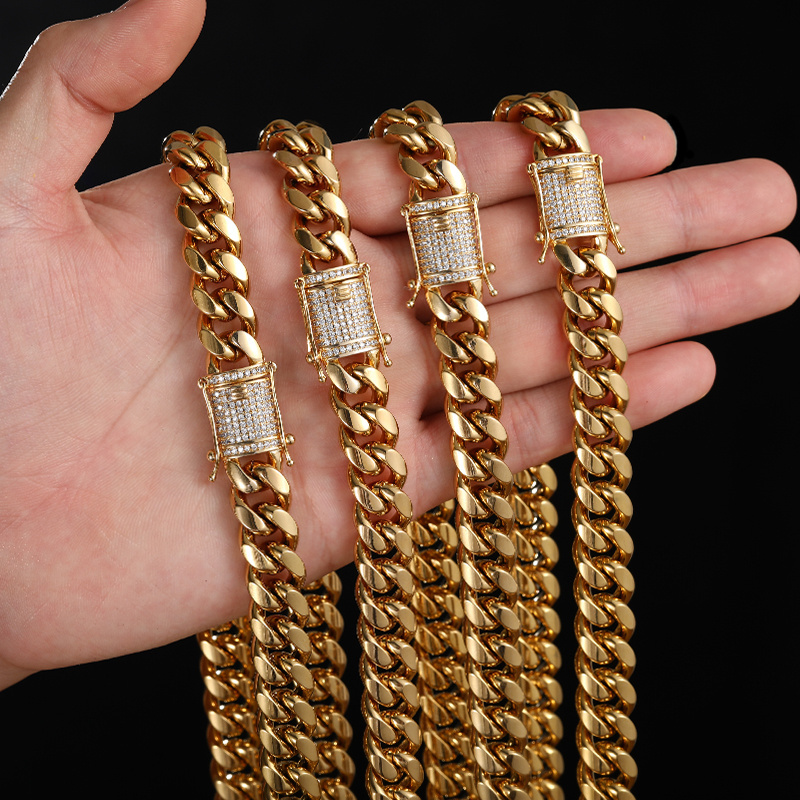 Fashion Mens 8-14mm Iced Out Cuban Necklace Luxury 18K PVD Gold Plated Stainless Steel Hip Hop Jewelry Miami Cuban Link Chain