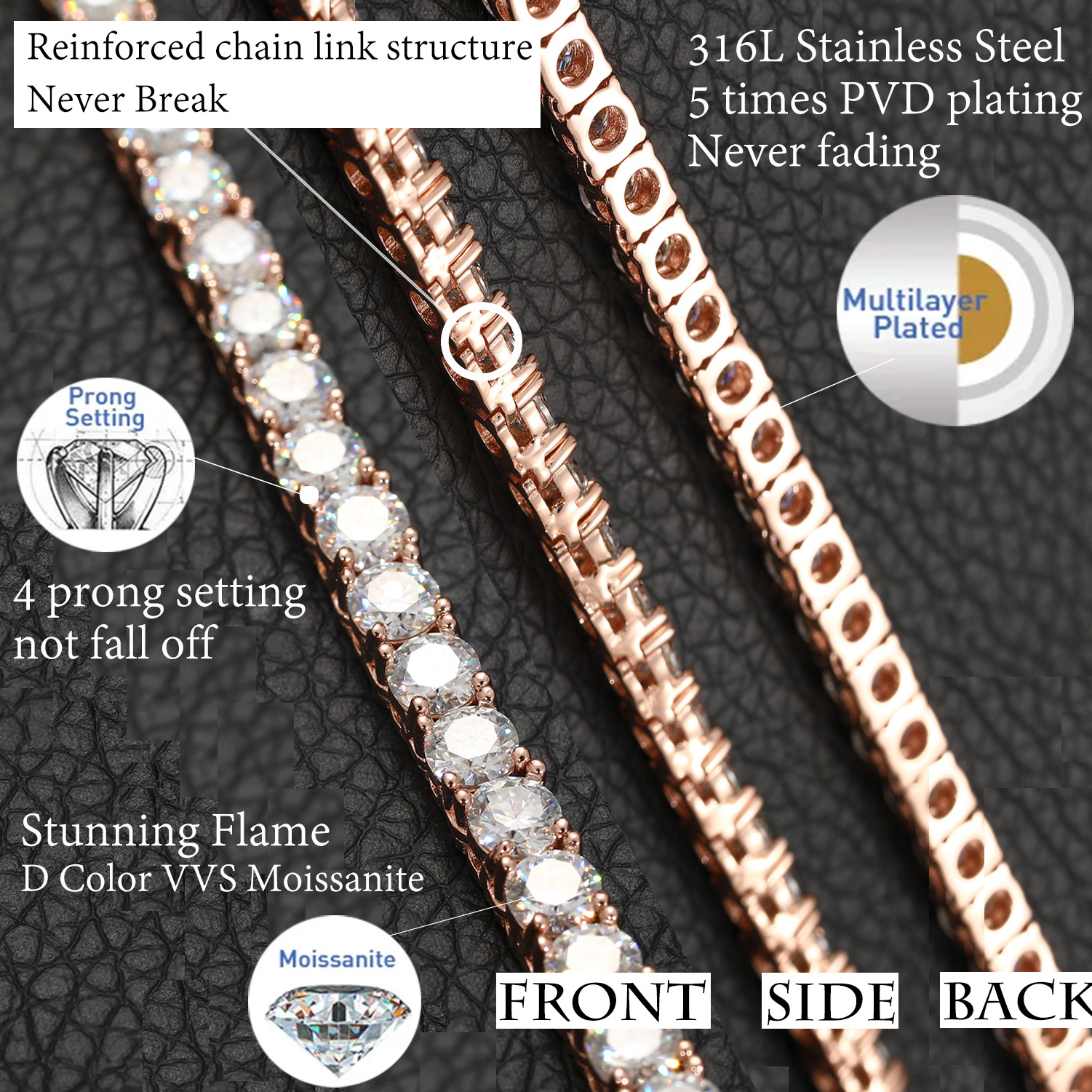 Non Tarnish Waterproof Jewelry PVD Gold Plated Stainless Steel VVS Moissanite Diamond Classic Tennis Bracelet Chain  Necklace