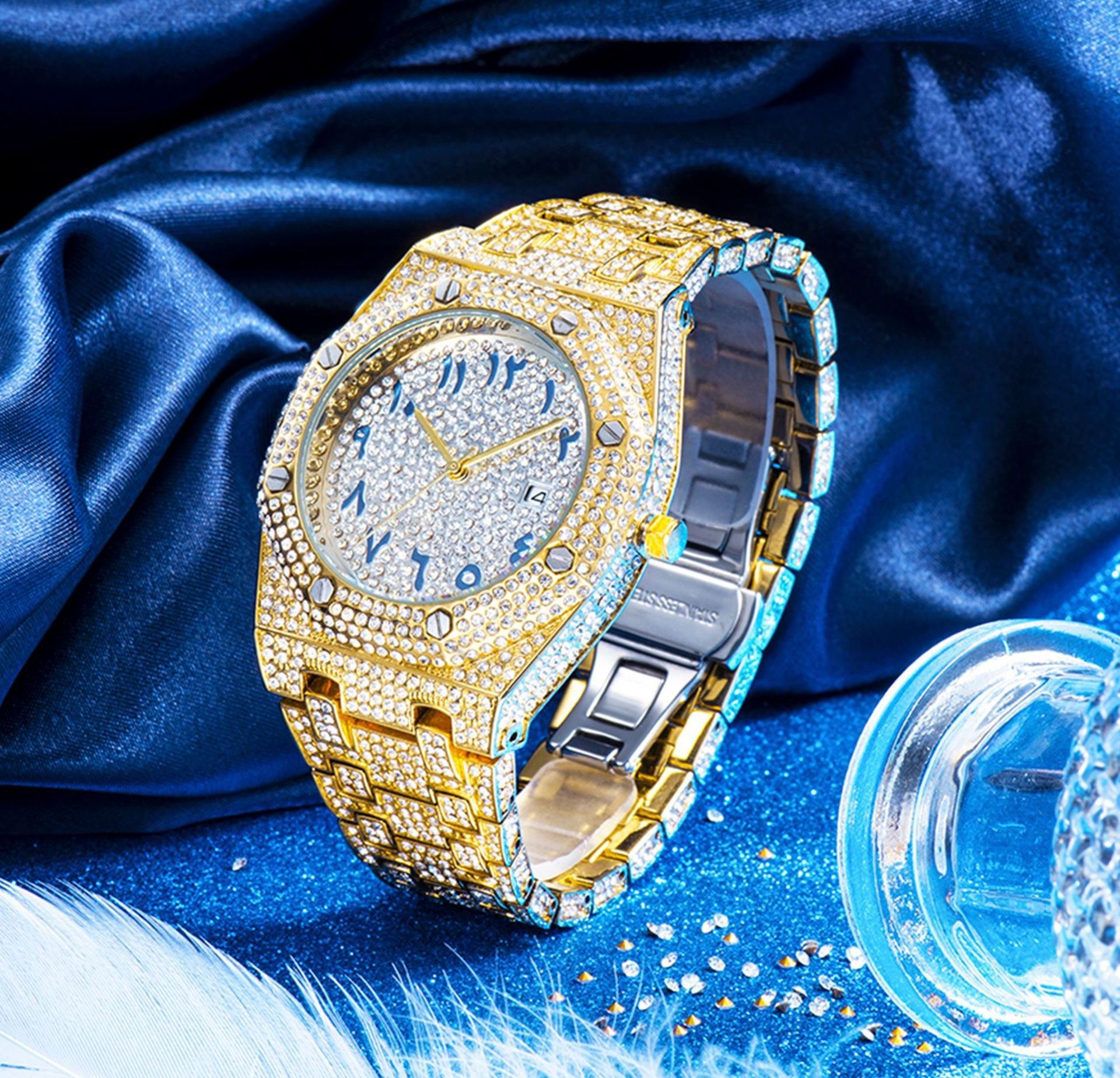 Hot Selling Brand Men's Watch Gold Plated Stainless Steel Full Diamond Waterproof Iced Out Luxury Wrist Quartz Watch