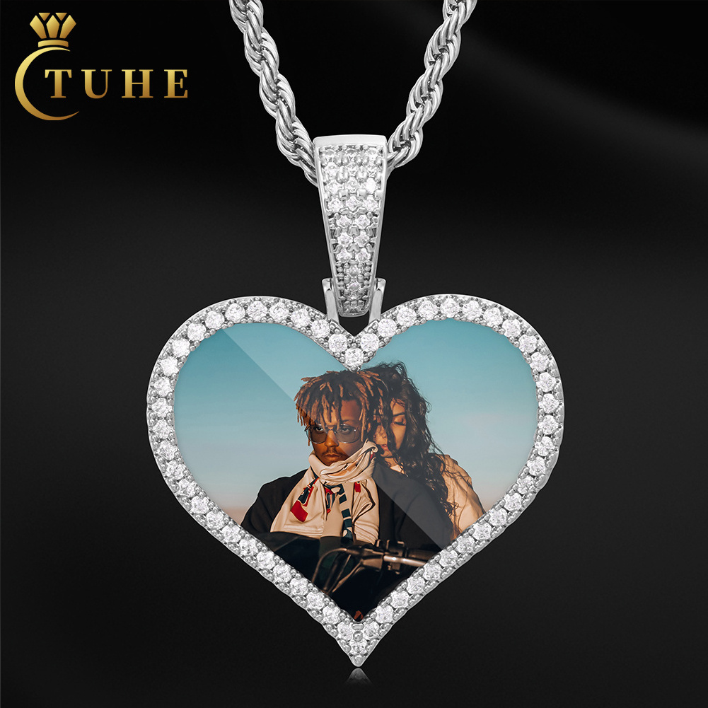 Hot Selling Memory Jewelry Picture Necklace 38mm White Gold Plated Brass AAAAA CZ Diamond Classic Heart Custom Photo Pendant