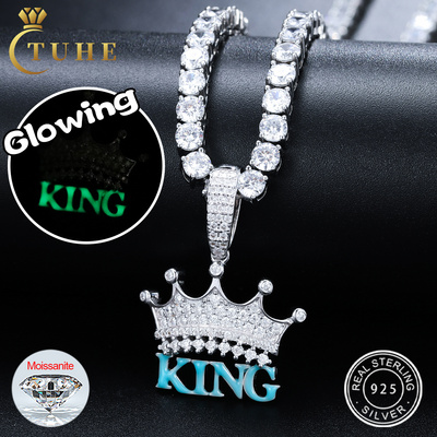 Spot Delivery Glowing Fine Jewelry Women Men White Gold 925 Sterling Silver VVS Moissanite Diamond Iced Out King Crown Pendant