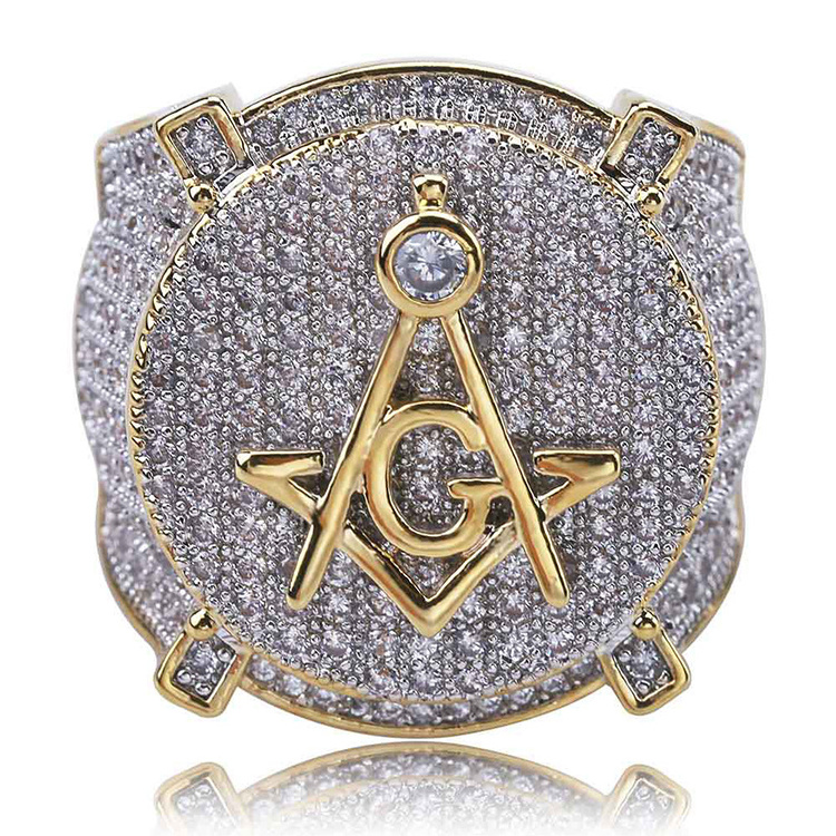 Fashion Hip Hop Gold Color Masonic Ring Men'S Personalized AG Full Cubic Zirconia Ring Europe Wholesale Brand Luxury Men Jewelry