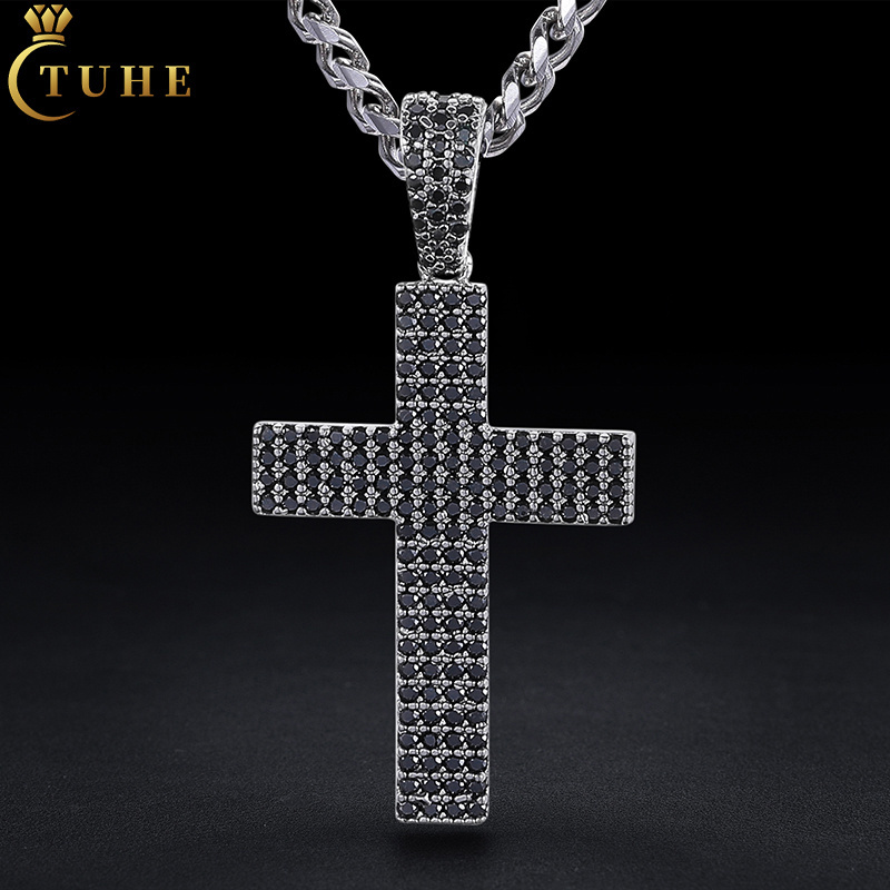 Full Black VVS Moissanite Diamond Iced Out Cross Pendant 925 Sterling Silver Lab Grown Diamond Christian Jewelry Cross Necklace