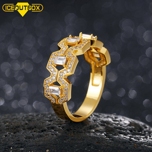 Factory Wholesale Hip Hop Men's Jewelry Gold Plated Brass Prong CZ Diamond Rings Cuban Lock Key Wide Ladies Fashion Hiphop Ring