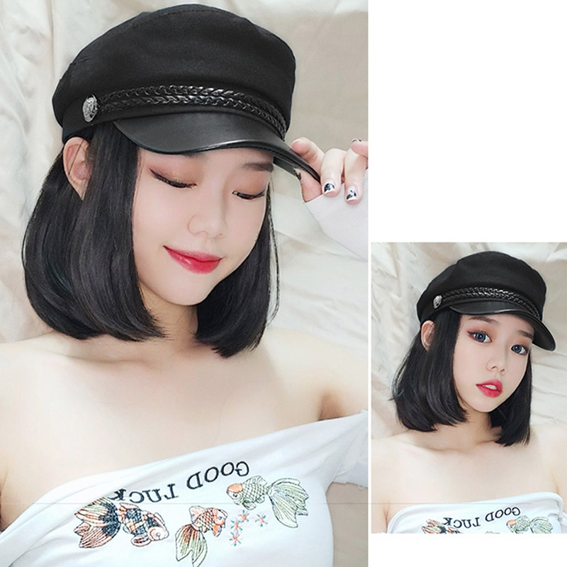 Free Shipping Women Bobo Chemical Fiber Hot Filament Short Straight Hair Navy Hat With Wig