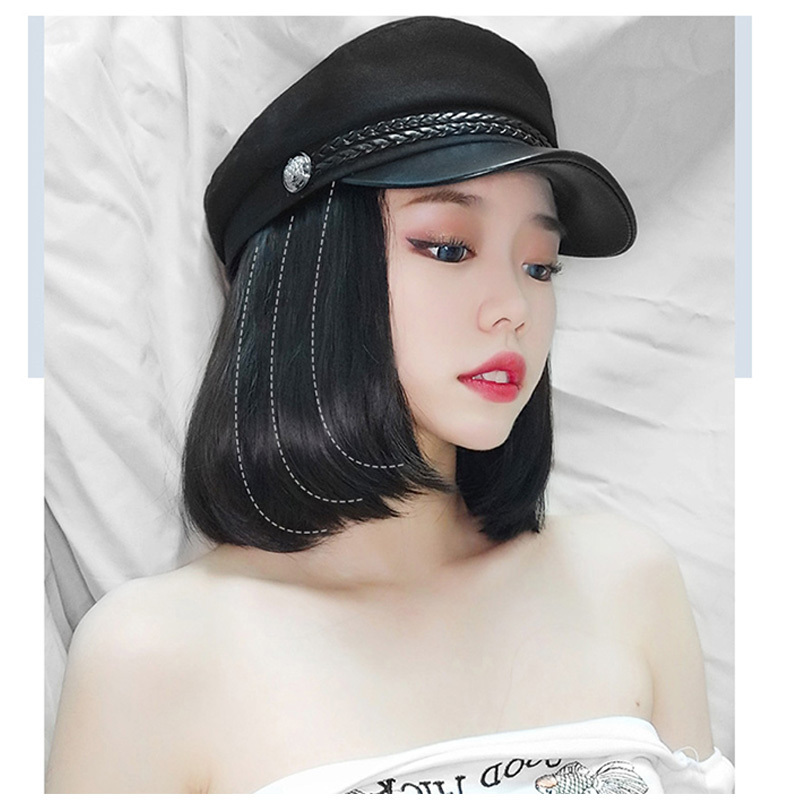 Free Shipping Women Bobo Chemical Fiber Hot Filament Short Straight Hair Navy Hat With Wig