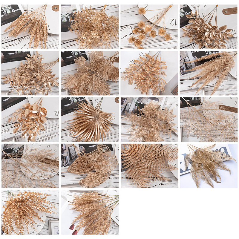 Wholesale Wedding Decoration Gold Plants Branch Hanging Flowers Long Stem Golden Herb Eucalyptus Earhead Artificial Flowers