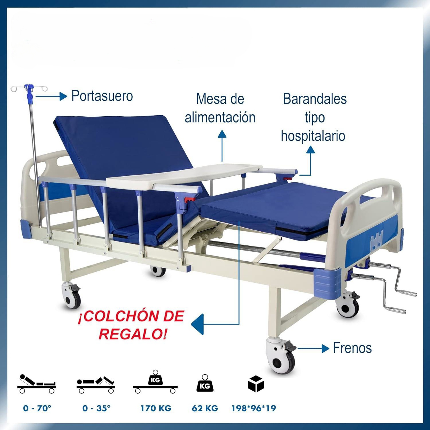 Two Cranks hospital bed MEDICAL Luxury  Manual w/Table & Mattress Nursing Bed Stretcher Used Hospital Beds for Sale