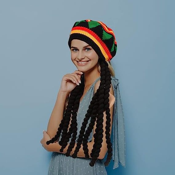 Rasta Set Hat with Black Dreadlocks Hats Wig and Yellow Glasses Caribbean Fancy Dress Costume