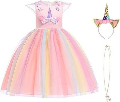 Unicorn Costume Princess Unicorn Dress Fancy Dress with Necklace Headband for Kids Toddlers Birthday Party