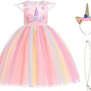 Unicorn Costume Princess Unicorn Dress Fancy Dress with Necklace Headband for Kids Toddlers Birthday Party