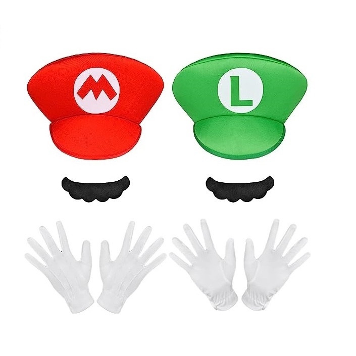 Mario Cosplay Accessories Kits for Women Men Kid Luigi Hats Cap Mustaches White Gloves Fancy Dress Up Party Carnival Costume Hat