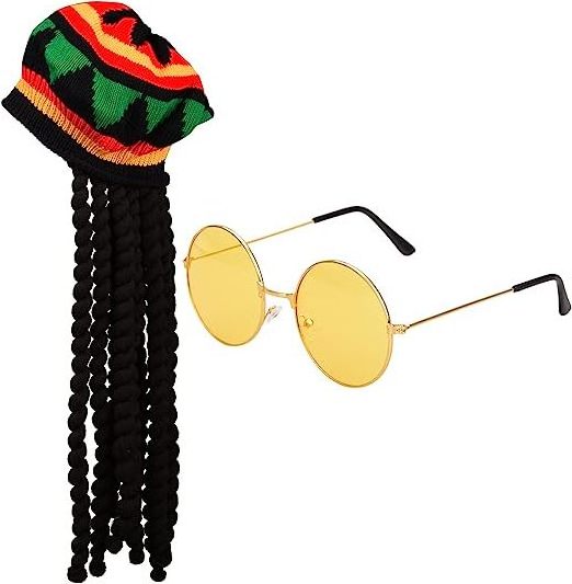 Rasta Set Hat with Black Dreadlocks Hats Wig and Yellow Glasses Caribbean Fancy Dress Costume