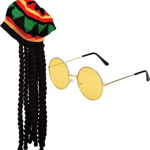 Rasta Set Hat with Black Dreadlocks Hats Wig and Yellow Glasses Caribbean Fancy Dress Costume