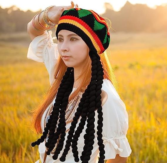 Rasta Set Hat with Black Dreadlocks Hats Wig and Yellow Glasses Caribbean Fancy Dress Costume