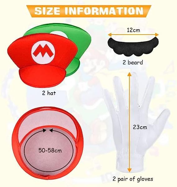 Mario Cosplay Accessories Kits for Women Men Kid Luigi Hats Cap Mustaches White Gloves Fancy Dress Up Party Carnival Costume Hat