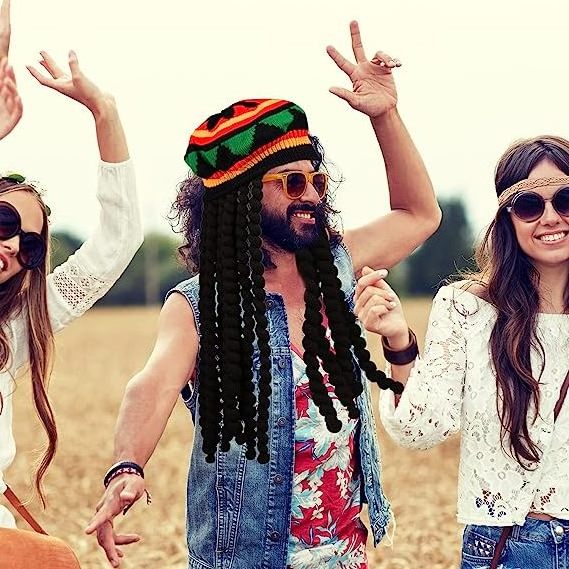 Rasta Set Hat with Black Dreadlocks Hats Wig and Yellow Glasses Caribbean Fancy Dress Costume