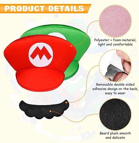 Mario Cosplay Accessories Kits for Women Men Kid Luigi Hats Cap Mustaches White Gloves Fancy Dress Up Party Carnival Costume Hat