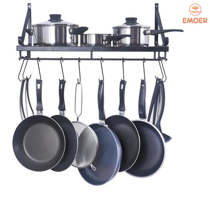 EMOER Wholesale Metal Kitchen Hanging Wall Mounted Organizer Shelf Pot Pan Wall Rack