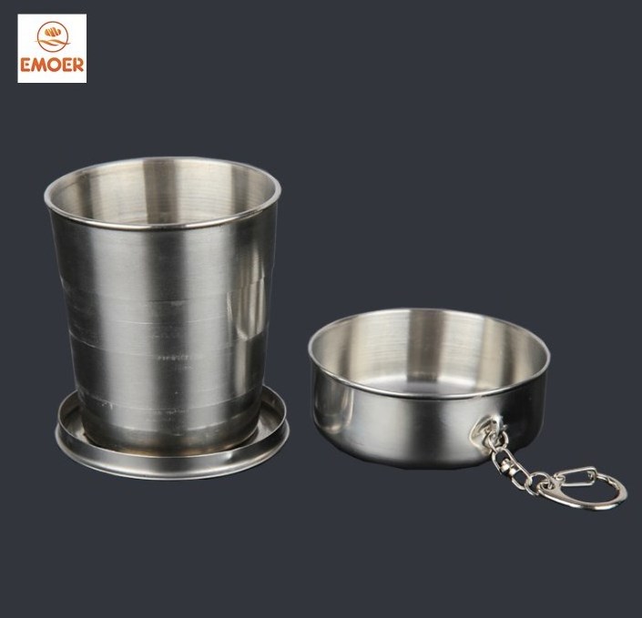 EMOER Stainless Steel Outdoor Travel Folding Collapsible Water Cup With Keychain