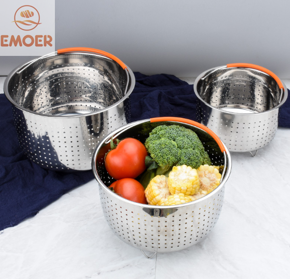 EMOER Steaming Vegetables Fruits Eggs 304  Hot Stainless Steel Steamer Basket With Non Slip Legs