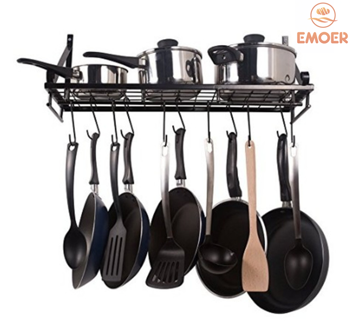 EMOER Wholesale Metal Kitchen Hanging Wall Mounted Organizer Shelf Pot Pan Wall Rack