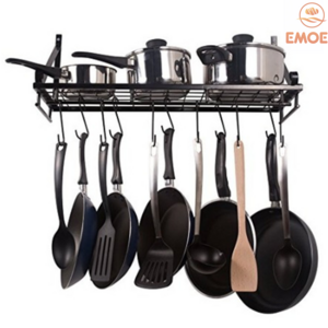 EMOER Wholesale Metal Kitchen Hanging Wall Mounted Organizer Shelf Pot Pan Wall Rack