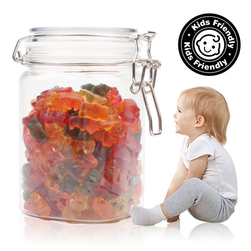 Hot Sale Kids-friendly Metal Buckle Shatterproof PET Plastic Gummy Candy Jar