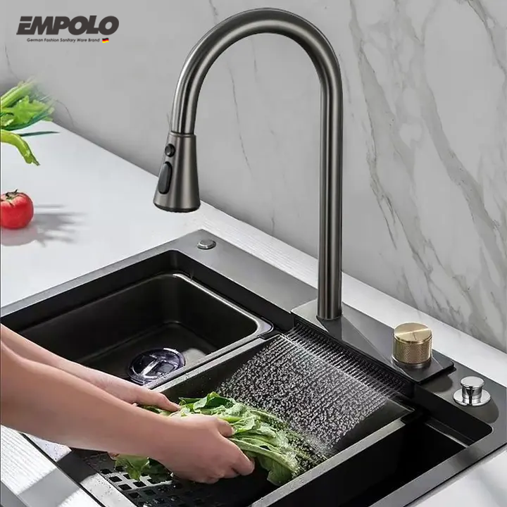 Whole Set Modern New Nano Anti-Scratch Waterfall Stainless Steel Kitchen Sink Multifunction Big Single Bowl Black Kitchen Sink