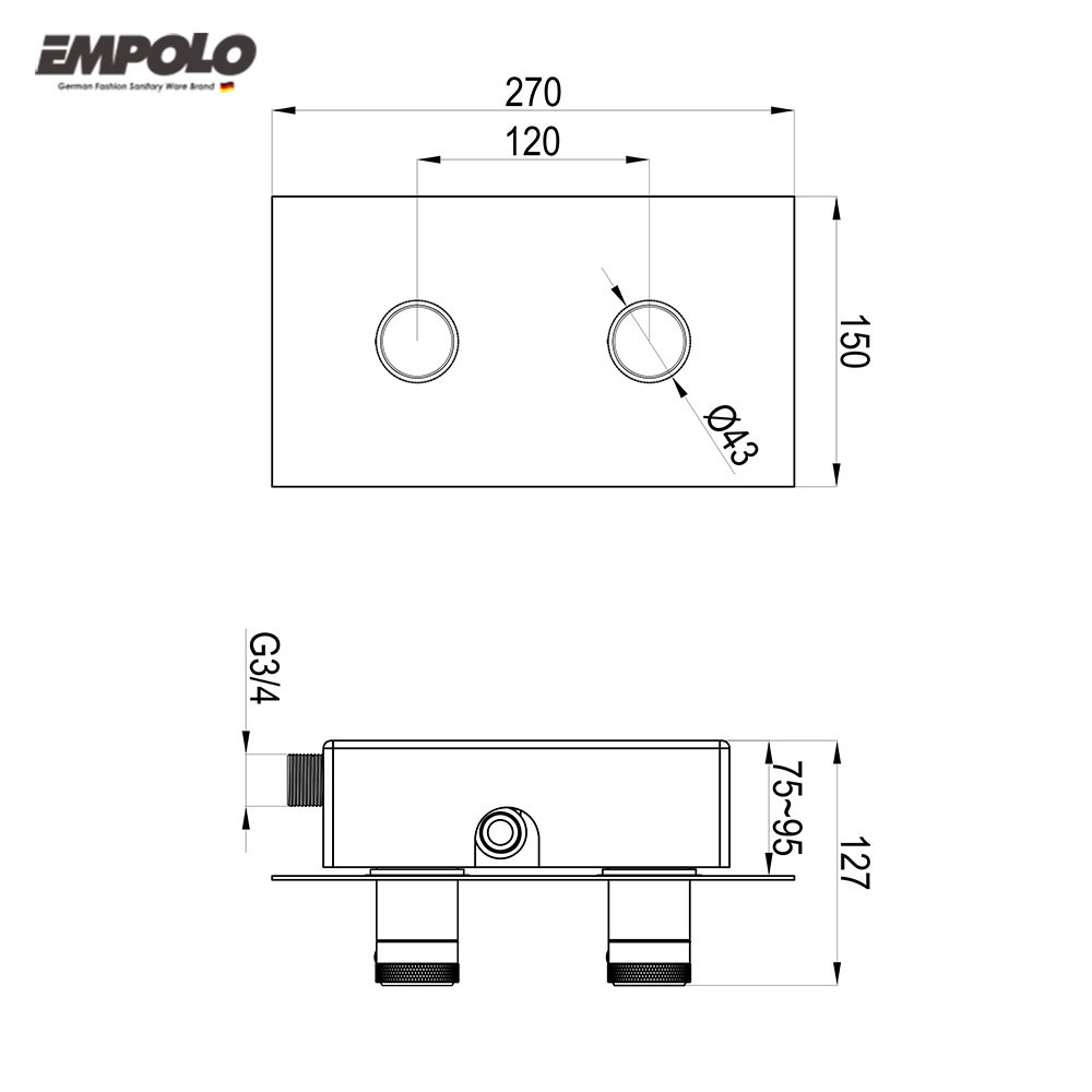 Empolo wall mounted brass chrome bathroom mixer shower diverter valve kit