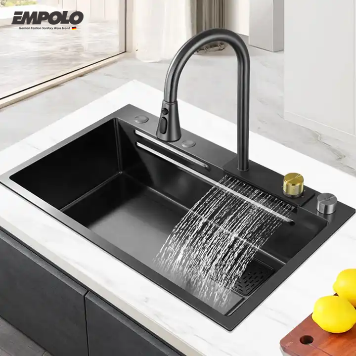 Whole Set Modern New Nano Anti-Scratch Waterfall Stainless Steel Kitchen Sink Multifunction Big Single Bowl Black Kitchen Sink