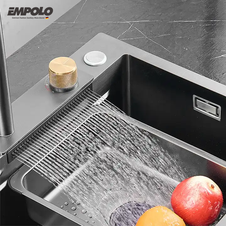 Whole Set Modern New Nano Anti-Scratch Waterfall Stainless Steel Kitchen Sink Multifunction Big Single Bowl Black Kitchen Sink