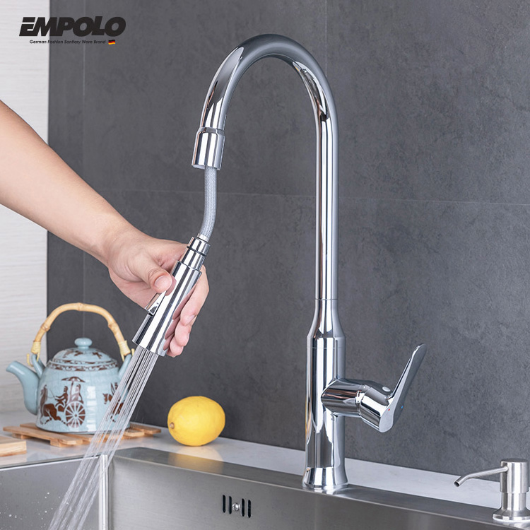 Empolo French gooseneck single handle pulldown pre-rinse restaurant kitchen sink waterfall faucet and mixers China Factory