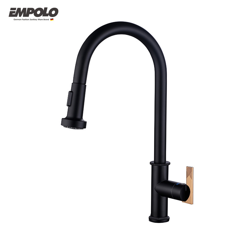 Empolo Copper 360 Degree Rotate Brass Single Hole Handle Flexible Hose Black Pull Down Sprayer classic Kitchen Sink Faucet