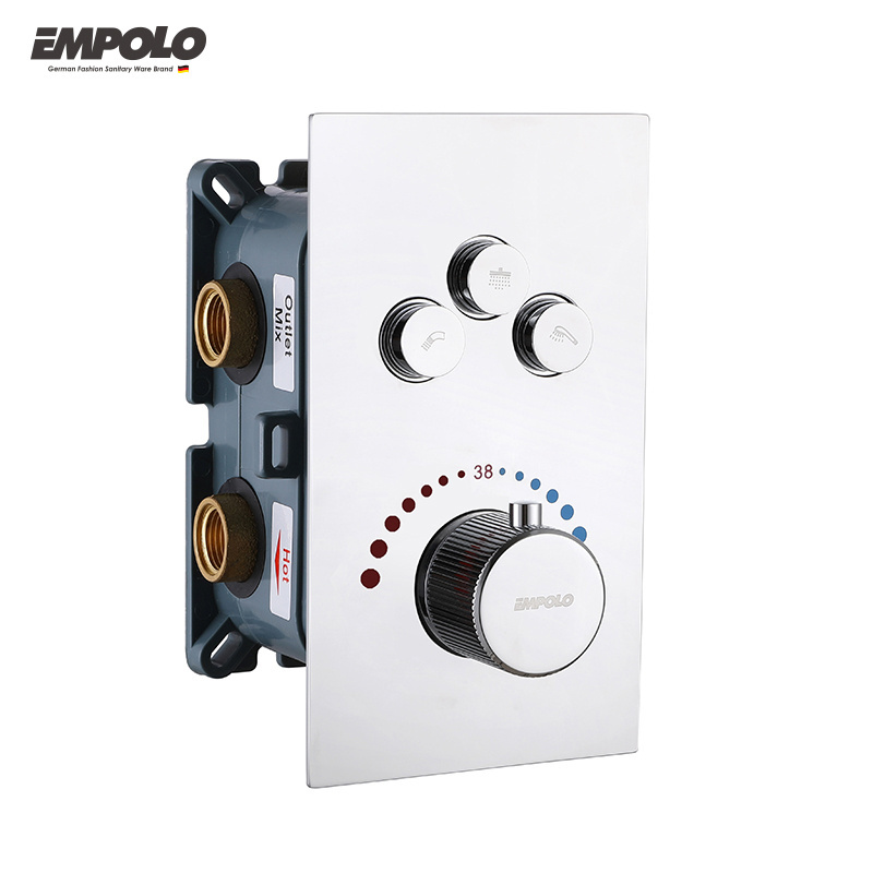 Empolo Concealed 3 Outlets 3 Way chrome push button Shower Valve with Diverter thermostatic shower mixer valve