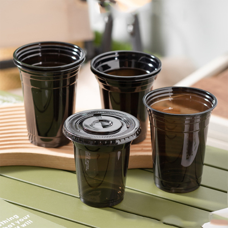 Factory black PET 12 16 oz custom logo coffee cup cold drink bubble boba tea disposable plastic cups with lid