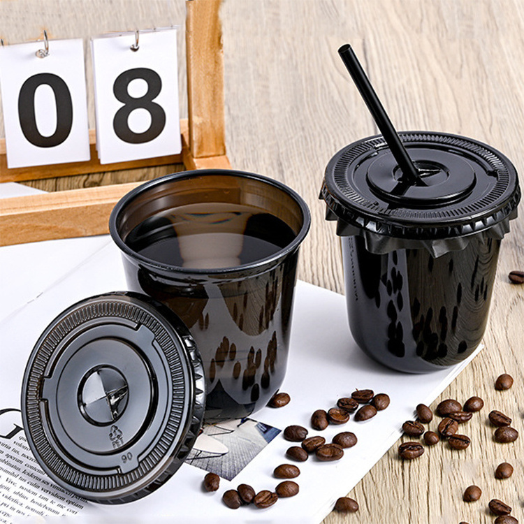 Factory black PET 12 16 oz custom logo coffee cup cold drink bubble boba tea disposable plastic cups with lid