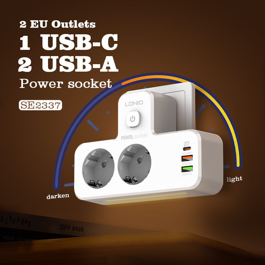 LDNIO LDNIO SE2337 Universal Outlets Power Strip Tower 2 Outlet Wall Electric Plug PD 20W USB Power Cube Power socket