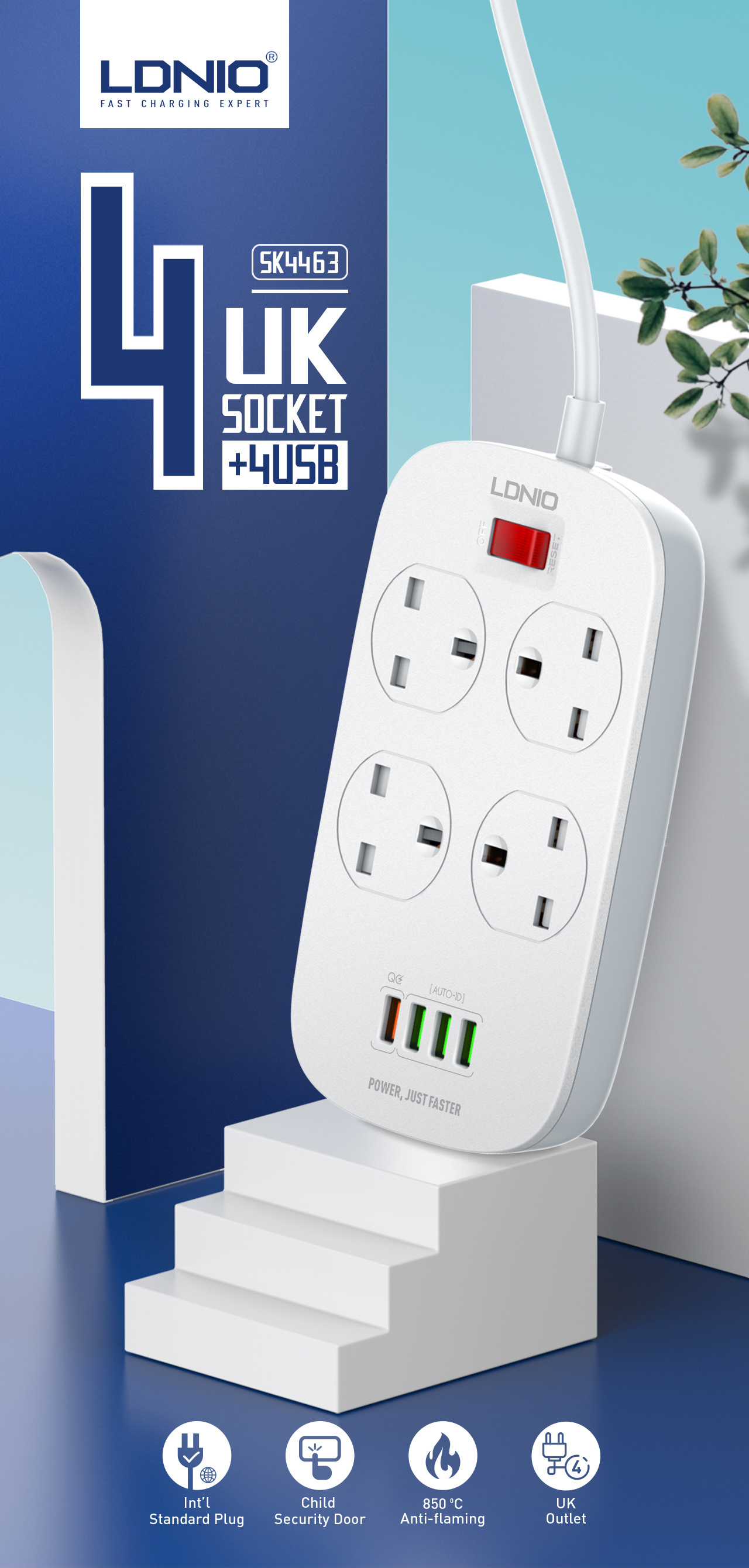 LDNIO multi plug sockets 4 outlet surge protector electrical power strip with usb-c ports universal extension lead power strips