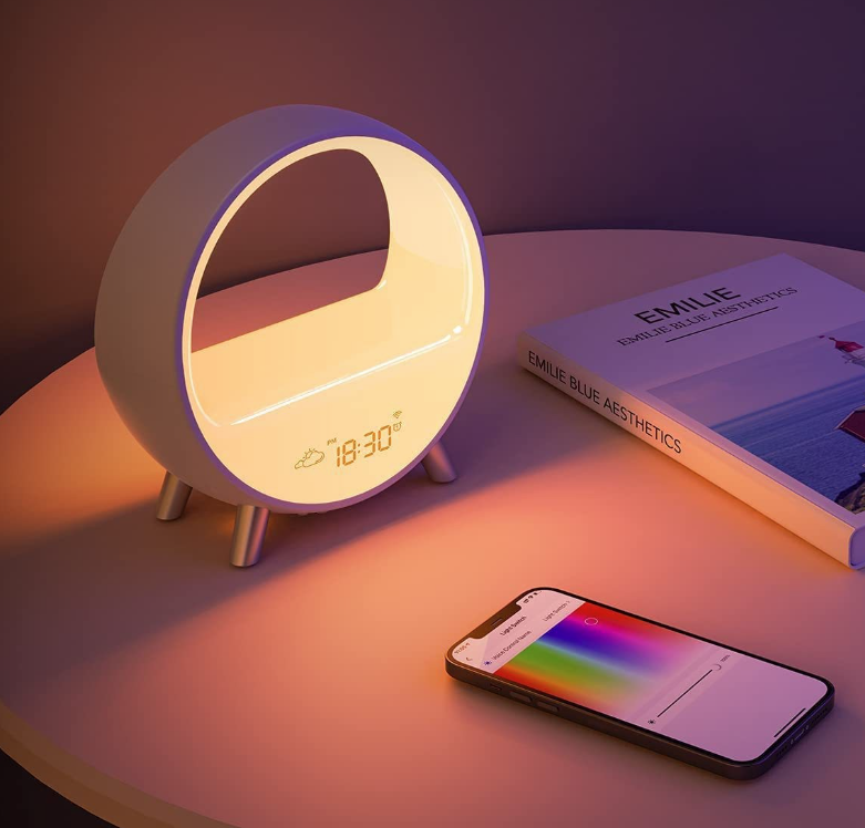 LDNIO popular design smart APP control table lamp RGB light wireless charger with alarm clock BT speaker bedside wake up light