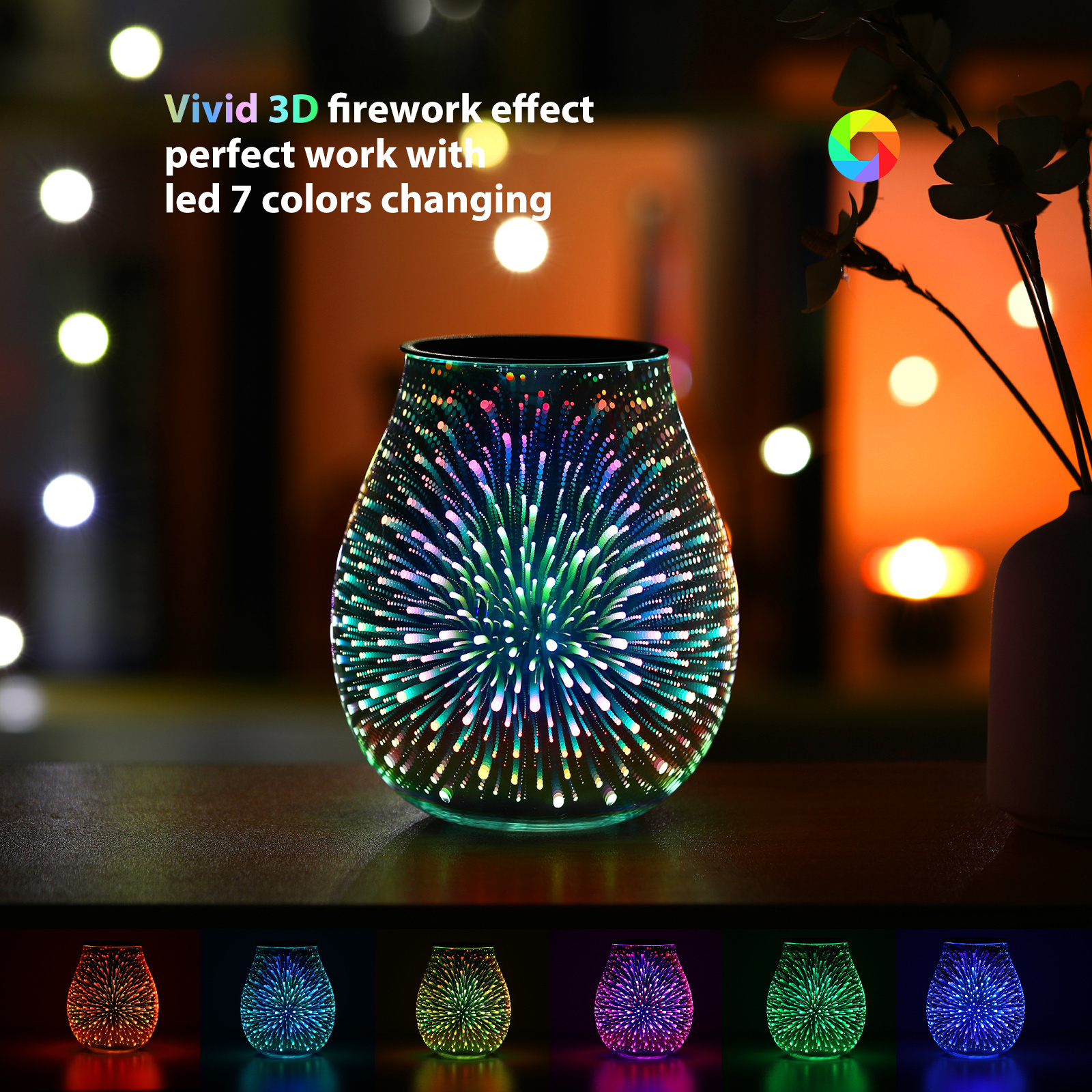 Hot Selling Firework 3D Glass Electric Wax Melt Warmer Wax Melter With PTC Element Reusable Silicone Tray 7 colorful Led Light