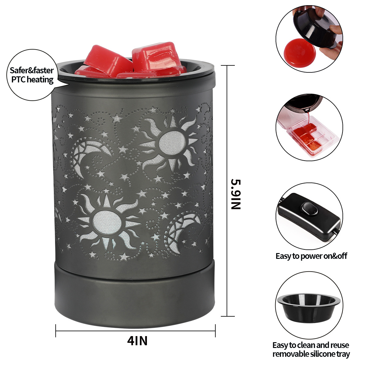 Factory wholesale new design Sun moon star pattern romantic essential oil burner wax melts warmer