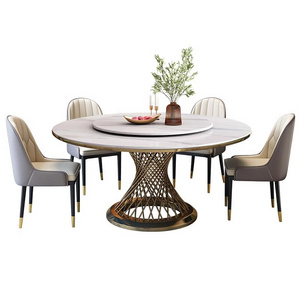 Italian Light Luxury Rock Plate Stainless Steel Round Dining Table with Turntable for Household