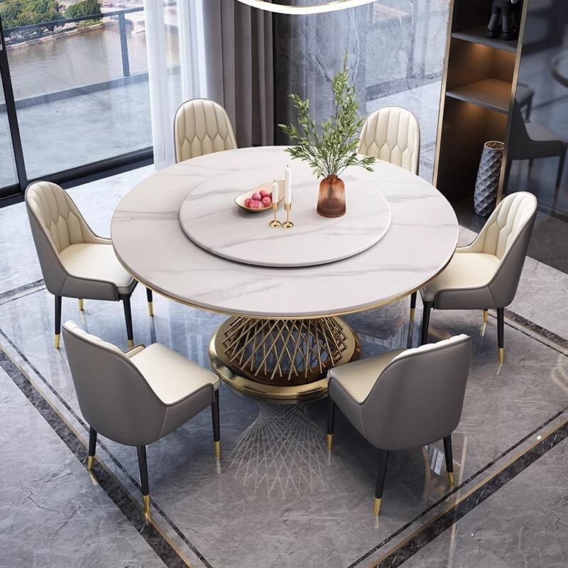 Italian Light Luxury Rock Plate Stainless Steel Round Dining Table with Turntable for Household