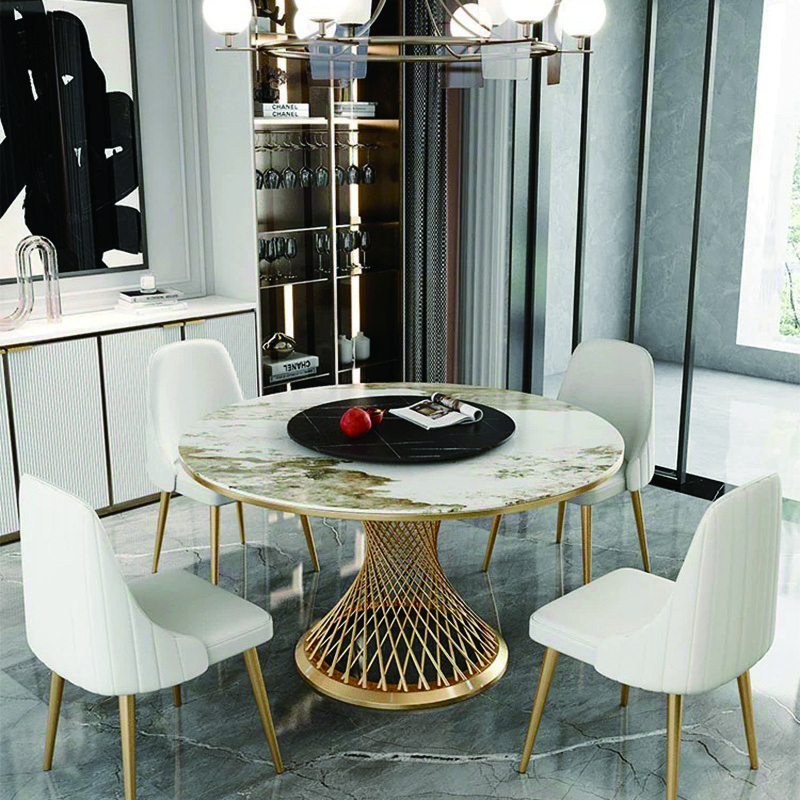 Italian Light Luxury Rock Plate Stainless Steel Round Dining Table with Turntable for Household